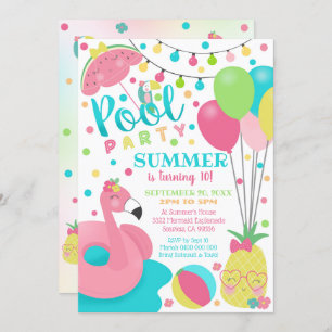 Pool Party Invitation Girl Flamingo Float Pool