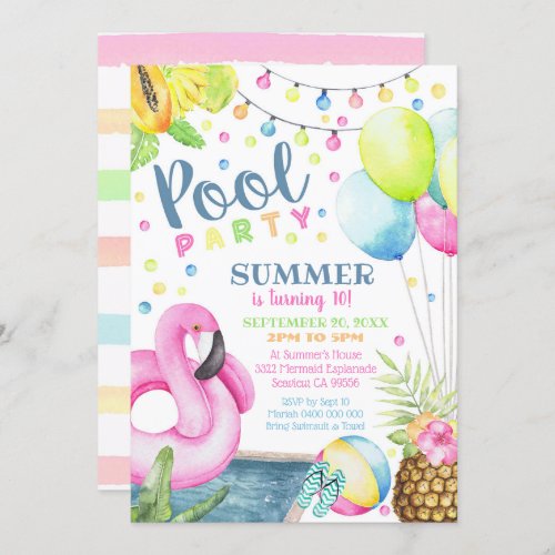 Pool Party Invitation Girl Flamingo Watercolor
