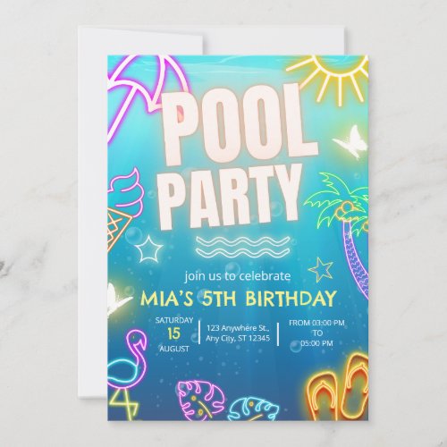 Pool Party invitation Glow neon Tropical Birthday Invitation