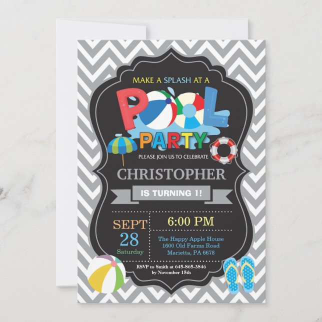Pool Party Invitation Gray Splish Splash Boy (Front)