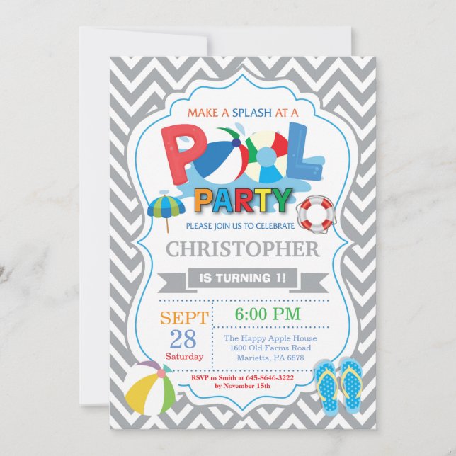 Pool Party Invitation Gray Splish Splash Boy (Front)