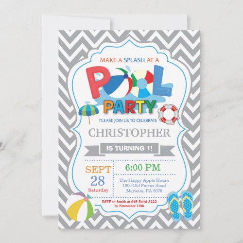 Pool Party Invitation Gray Splish Splash Boy