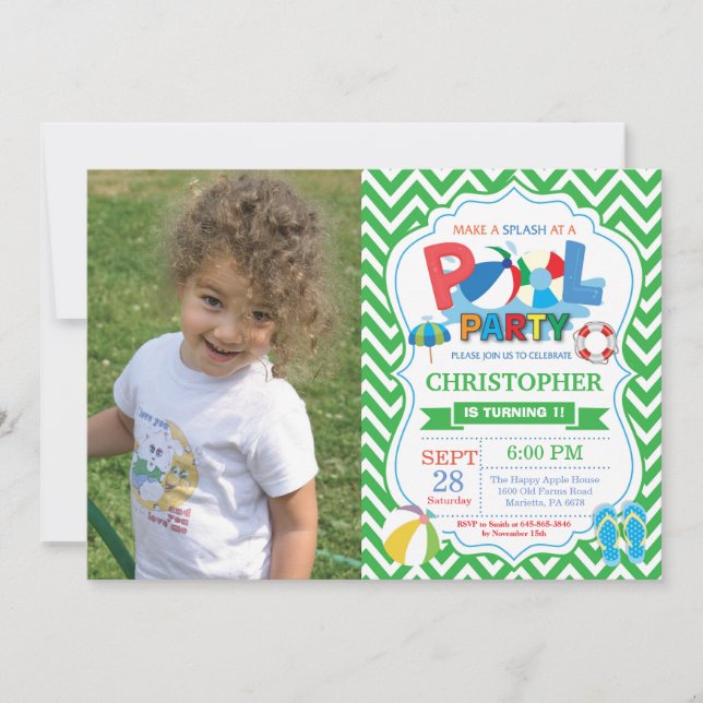 Pool Party Invitation Green Splish Splash Boy (Front)