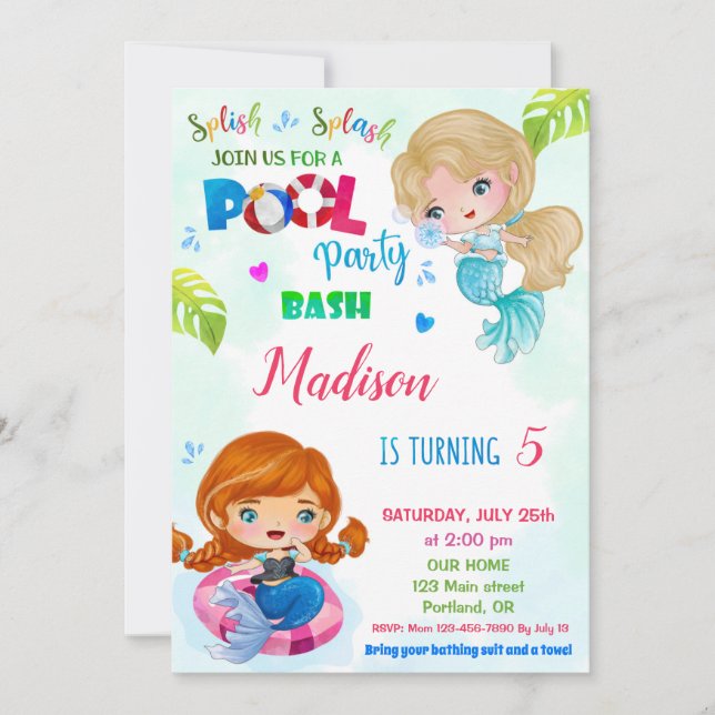 Pool party invitation Mermaid birthday invitation (Front)
