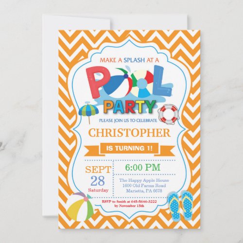 Pool Party Invitation Orange Splish Splash Boy