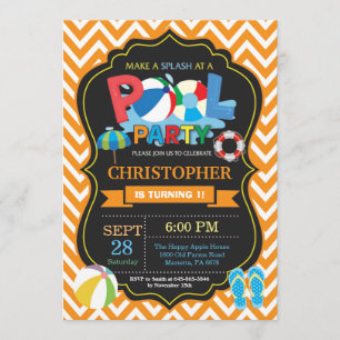 Pool Party Invitation Orange Splish Splash Boy