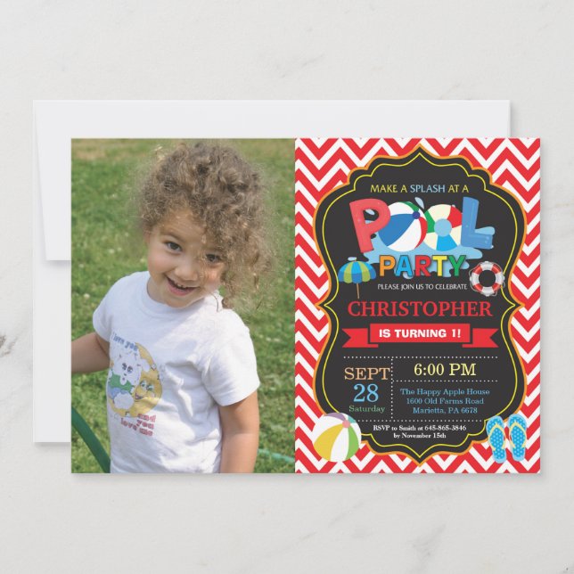 Pool Party Invitation Red Splish Splash Boy (Front)