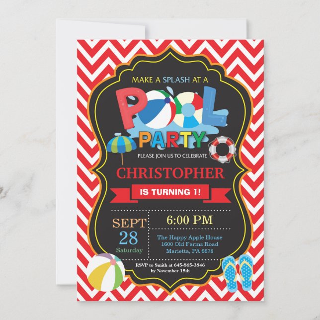Pool Party Invitation Red Splish Splash Boy (Front)