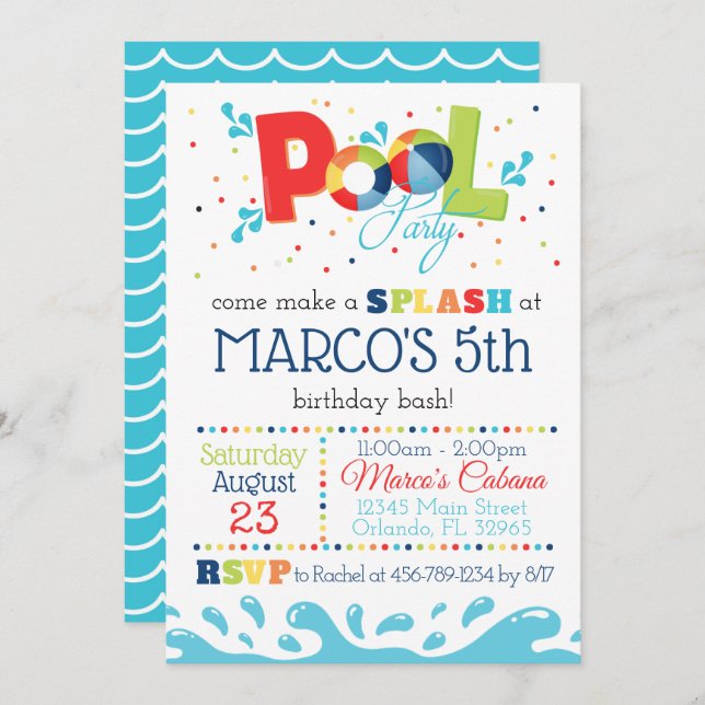 Pool Party Invitation Summer Birthday (Front/Back)