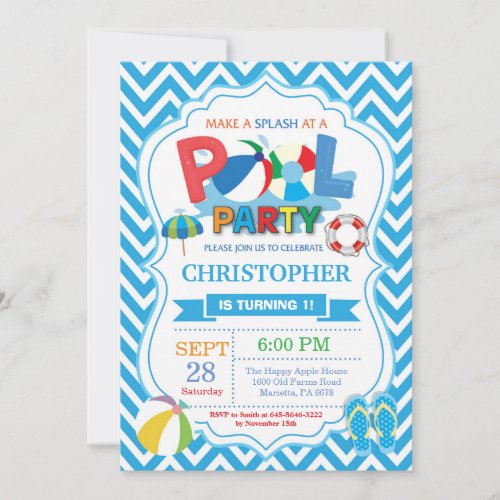 Pool Party Invitation Summer Splish Splash Boy