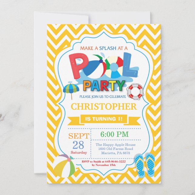 Pool Party Invitation Yellow Splish Splash Boy (Front)