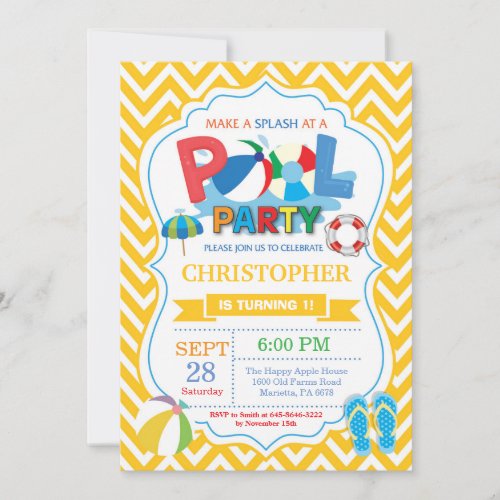 Pool Party Invitation Yellow Splish Splash Boy