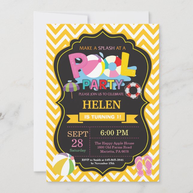 Pool Party Invitation Yellow Splish Splash Girl (Front)