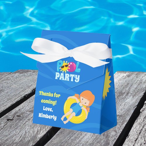 Pool Party Kids Birthday Cute Custom Redhead Girl Favor Boxes