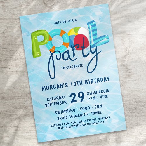 Pool Party KIds Birthday Party Invitation