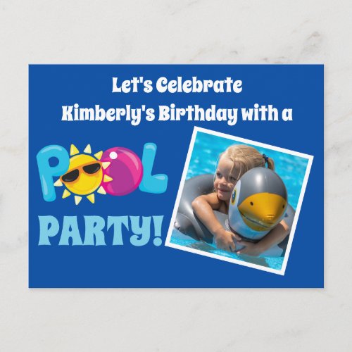 Pool Party Kids Photo Template Blue Birthday Party Postcard