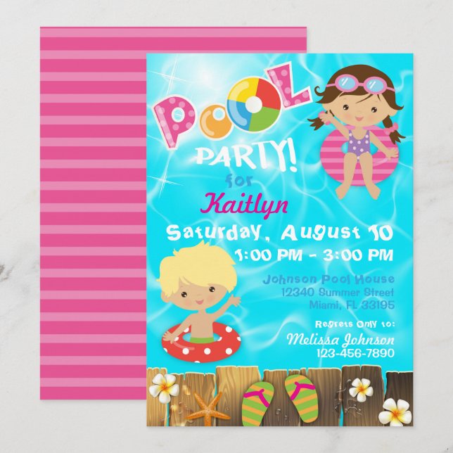 Pool Party Kids Swimming Birthday Invitation (Front/Back)