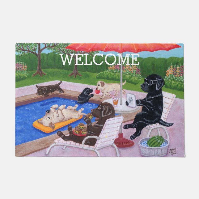 Pool Party Labradors 2 Painting Doormat (Front)