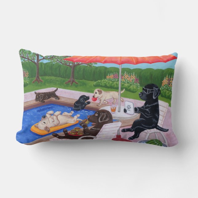 Pool Party Labradors 2 Painting Lumbar Pillow (Front)