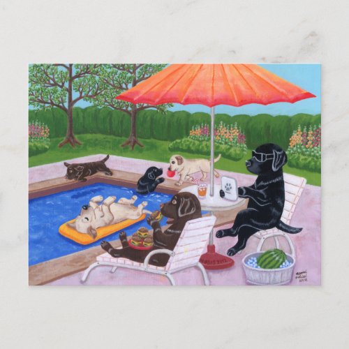 Pool Party Labradors 2 Painting Postcard