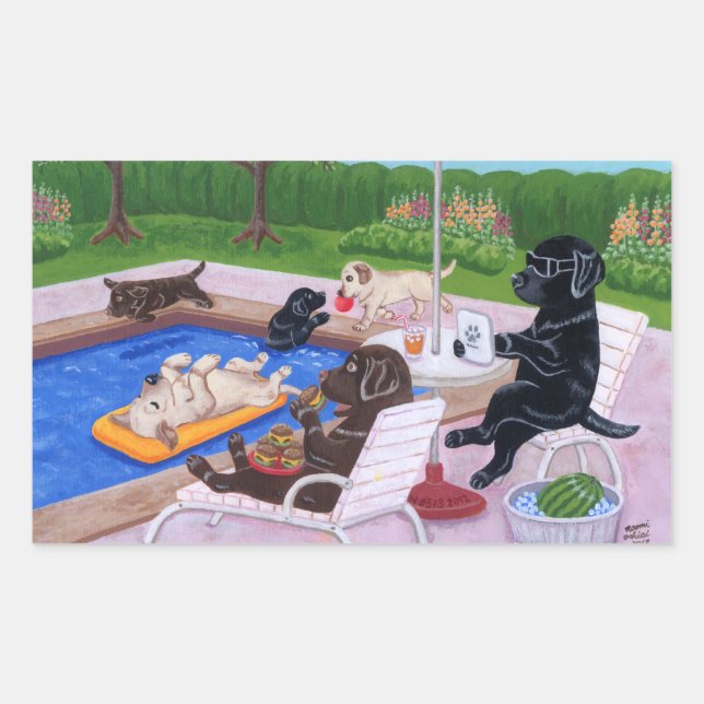 Pool Party Labradors 2 Painting Rectangular Sticker (Front)
