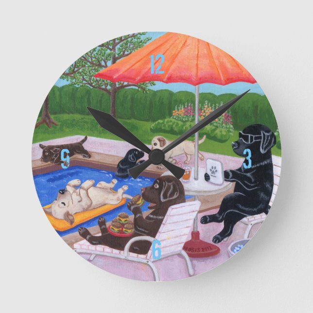 Pool Party Labradors 2 Painting Round Clock (Front)