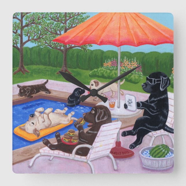 Pool Party Labradors 2 Painting Square Wall Clock (Front)
