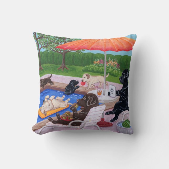 Pool Party Labradors 2 Painting Throw Pillow (Front)