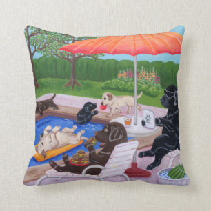 Pool Party Labradors 2 Painting Throw Pillow