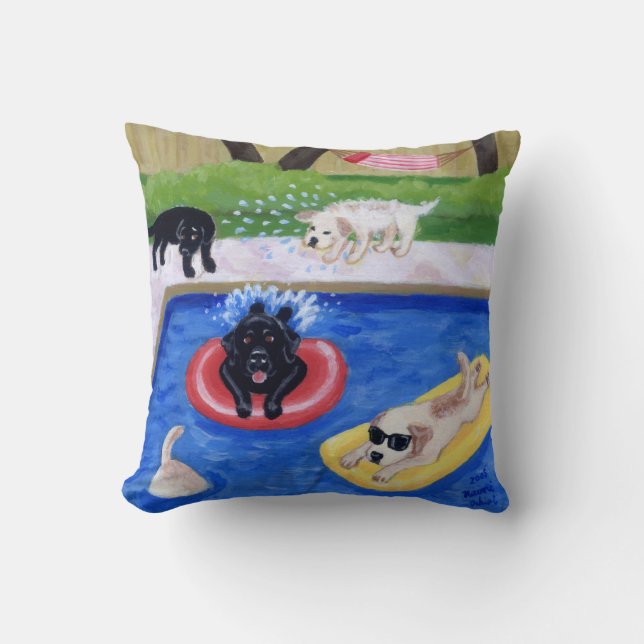 Pool Party Labradors Fun Painting Throw Pillow (Front)