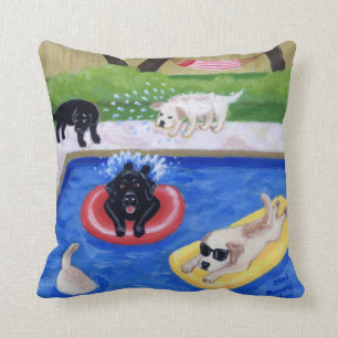 Pool Party Labradors Fun Painting Throw Pillow