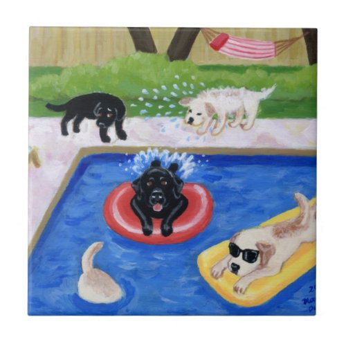 Pool Party Labradors Painting Ceramic Tile