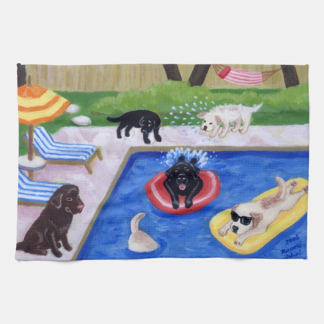 Pool Party Labradors Painting Kitchen Towel (Horizontal)