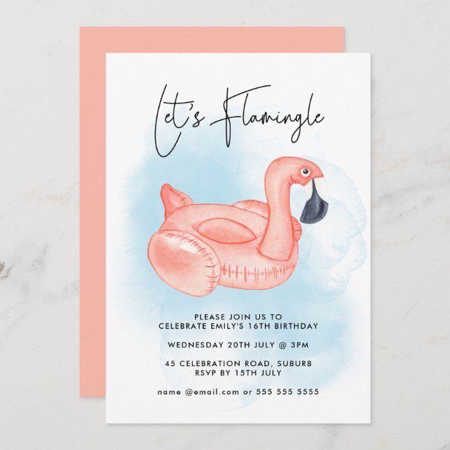Pool Party Let's Flamingle Flamingo Teen Birthday Invitation (Front/Back)