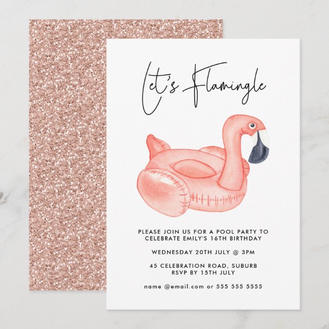 Pool Party Let's Flamingle Flamingo Teen Birthday Invitation (Front/Back)