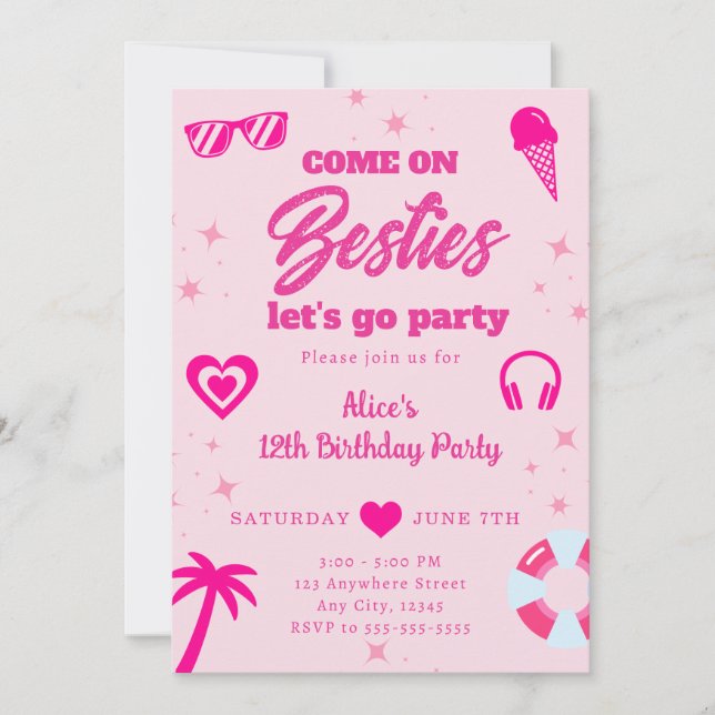 Pool Party Malibu Pink Doll Beach Birthday Invitation (Front)