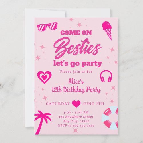 Pool Party Malibu Pink Doll Beach Birthday Invitation