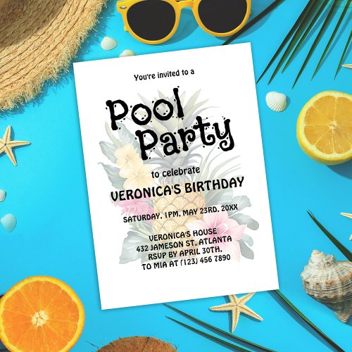 Pool Party Modern Summer Birthday  Invitation
