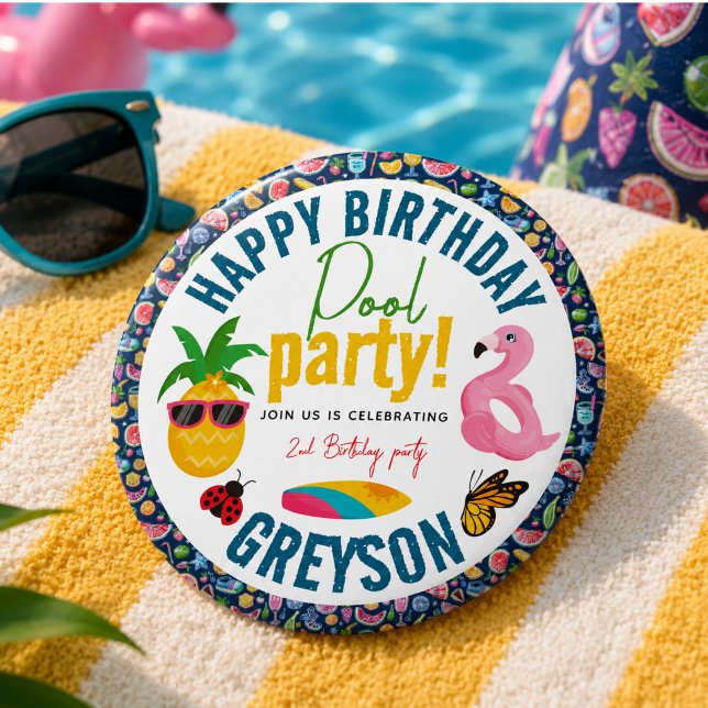Pool Party | Modern Summer Themed Birthday Party Button (Pool Party | Modern Summer Themed Birthday Party Button)