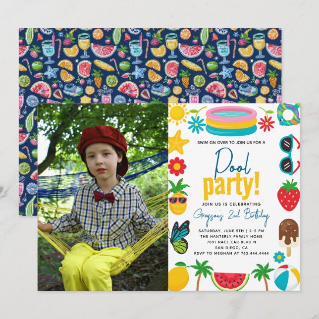 Pool Party | Modern Summer Themed Birthday Party Invitation (Front/Back)
