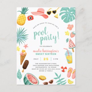 Pool Party | Modern Summer Themed Birthday Party Invitation Postcard