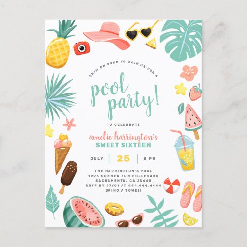 Pool party modern summer themed birthday party invitation postcard