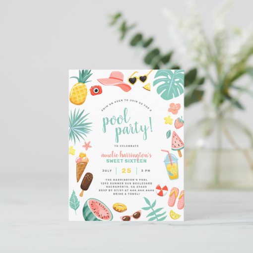 Pool party modern summer themed birthday party invitation postcard