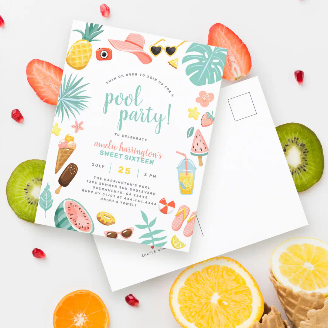 A cheerful pool party invitation postcard displayed front and back on a clean light surface, scattered around with halved citrus fruits, fresh strawberries, kiwi slices, pomegranate seeds, and waffle cones. The card's white background is framed with playful illustrated summer motifs including tropical foliage, a whole pineapple, watermelon, a chocolate ice cream bar, a bubble tea cup, round sunglasses, a pink sun hat, and a colorful beach ball.