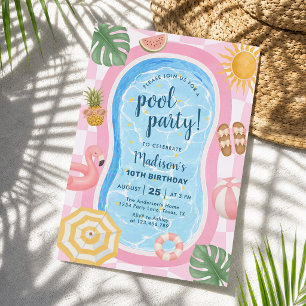 Pool Party Modern Summer Themed Girl Birthday Invitation