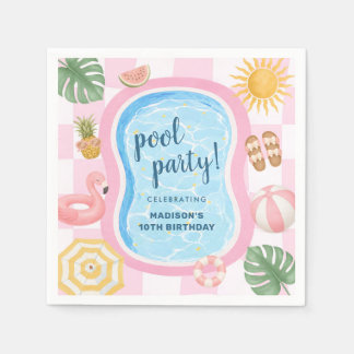 Pool Party Modern Summer Themed Girl Birthday Napkins