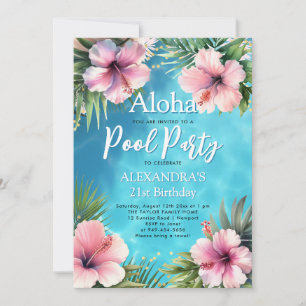 Pool Party Modern Tropical Hybiscus 21st Birthday Invitation