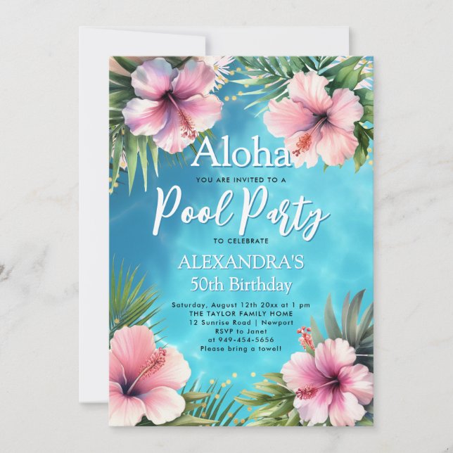 Pool Party Modern Tropical Hybiscus 50th Birthday Invitation (Front)
