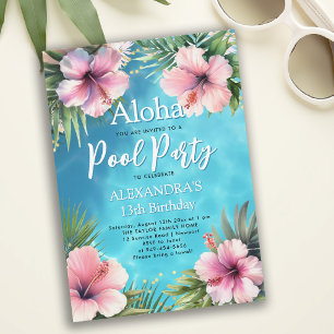 Pool Party Modern Tropical Hybiscus Teen Birthday Invitation