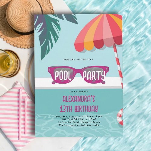 Pool Party Modern Tropical Leaf Cute Teen Birthday Invitation